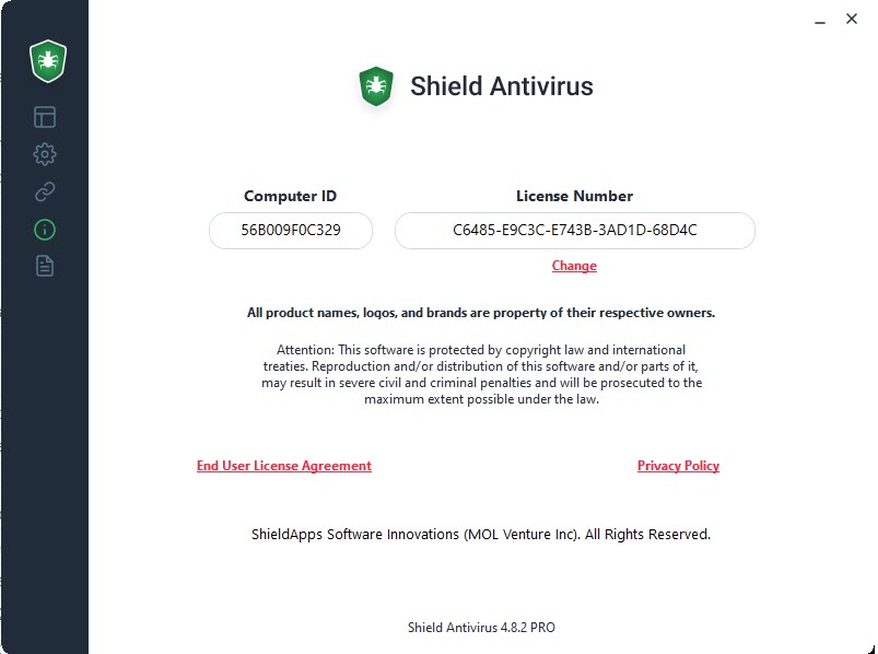 License information panel Shield Antivirus