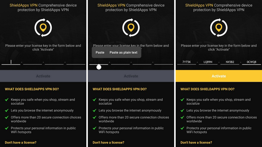 Activation screen on mobile - enter your license key